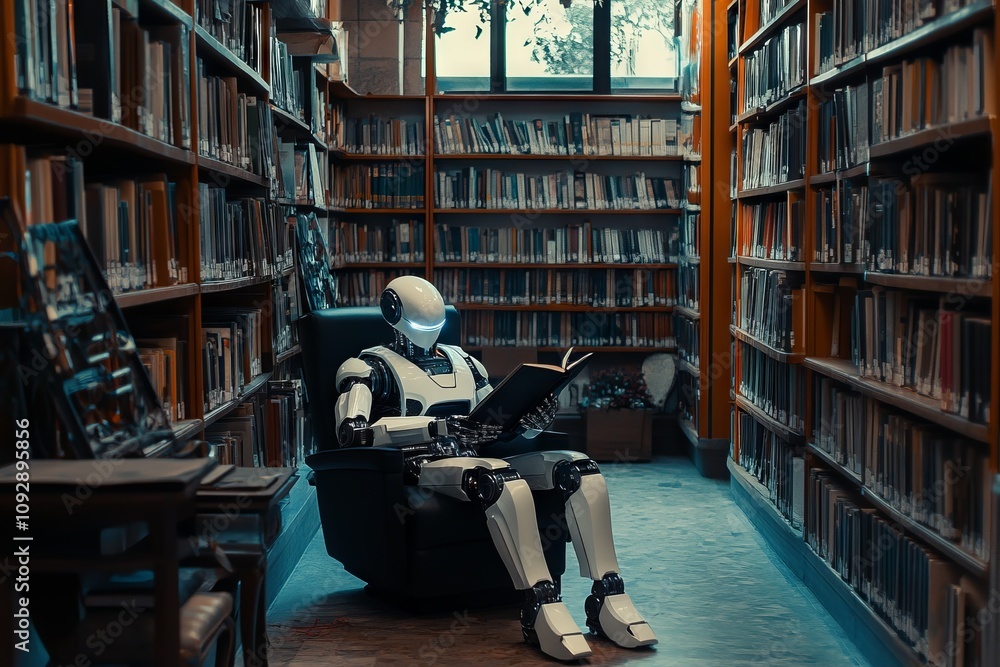 AI Robot Reading in a Library, Symbolizing Learning and Artificial Intelligence. AI generated illustration AI Robot Reading in a Library, Symbolizing Learning and Artificial Intelligence. AI generated illustration