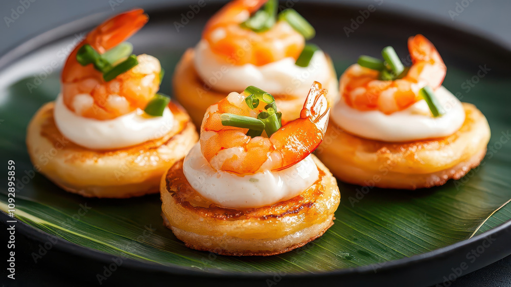 A closeup of banh khot, mini crispy pancakes topped with shrimp, coconut milk, and scallions, on a lotus leaflined plate, 3D render A closeup of banh khot, mini crispy pancakes topped with shrimp, coconut milk, and scallions, on a lotus leaflined plate, 3D render