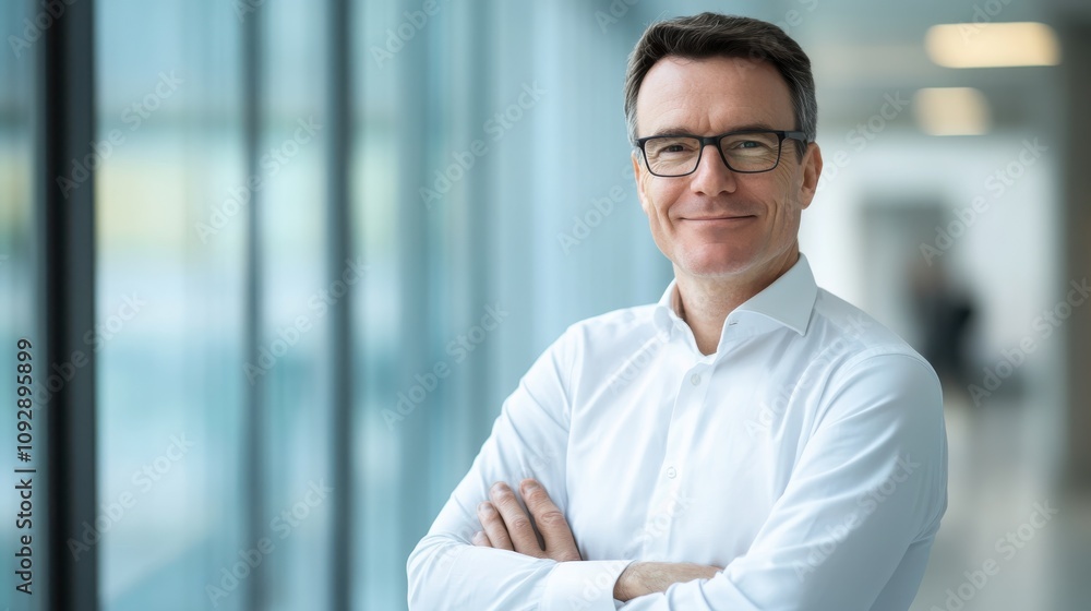 Confident businessman with glasses and arms crossed in a contemporary office environment Confident businessman with glasses and arms crossed in a contemporary office environment