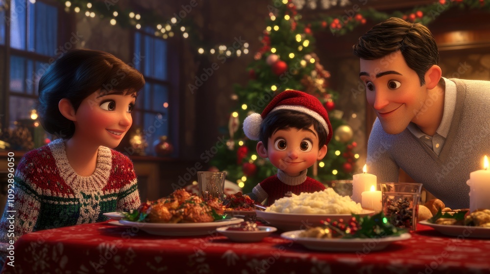 A joyful family dinner scene during the holiday season, featuring festive food and decorations. A joyful family dinner scene during the holiday season, featuring festive food and decorations.