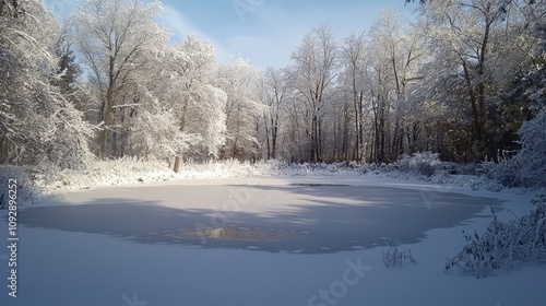 Winter wonderland landscape frozen pond nature scene snowy forest tranquil environment seasonal beauty for relaxation