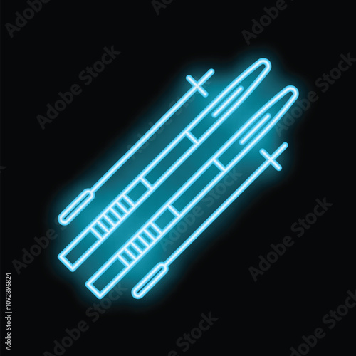 Bright blue neon sign depicting cross country skis and poles for winter sports advertising
