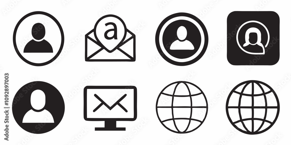 User interface icons, minimalist design, black and white, user profile symbol, email icon, globe icon, computer monitor icon, circular shapes, square shapes, vector style User interface icons, minimalist design, black and white, user profile symbol, email icon, globe icon, computer monitor icon, circular shapes, square shapes, vector style
