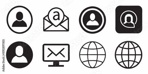 User interface icons, minimalist design, black and white, user profile symbol, email icon, globe icon, computer monitor icon, circular shapes, square shapes, vector style