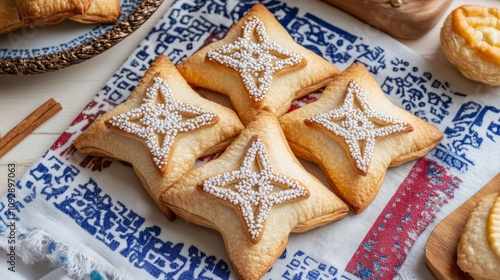 Homemade star-shaped hamantaschen pastries, with sweet filling and decorative icing, are beautifully arranged on a colorful cloth, embodying Purim's festive spirit photo