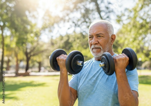 Senior man performs bicep curls with dumbbells in a park, demonstrating dedication to fitness and active aging photo