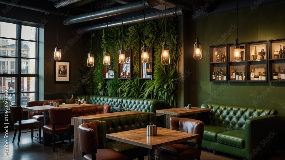 Here's a caption and keywords for your stock image.. Luxurious restaurant interior with green leather booths, wooden tables, and a lush vertical garden. Here's a caption and keywords for your stock image.. Luxurious restaurant interior with green leather booths, wooden tables, and a lush vertical garden.