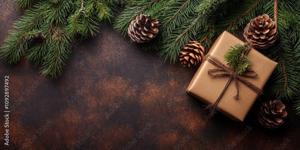A beautifully wrapped Christmas present in rustic brown paper, adorned with pine cones, capturing the essence of holiday warmth and festive charm. A beautifully wrapped Christmas present in rustic brown paper, adorned with pine cones, capturing the essence of holiday warmth and festive charm.