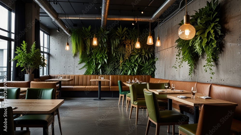 Fototapeta premium Modern restaurant interior with lush green wall, wood tables, leather banquettes, and pendant lights.