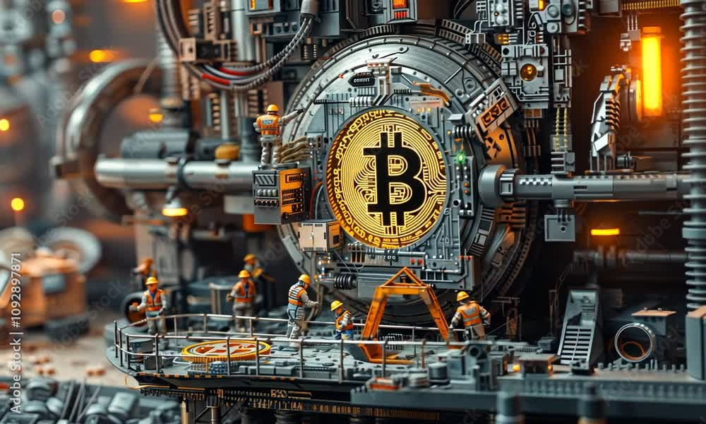 A futuristic scene depicting Bitcoin mining with intricate machinery and miniature workers. A futuristic scene depicting Bitcoin mining with intricate machinery and miniature workers.