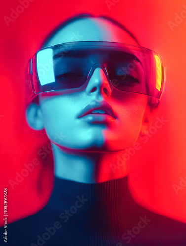 A person wearing a bold, futuristic visor with intense blue and red lights, representing cutting-edge fashion and technology.