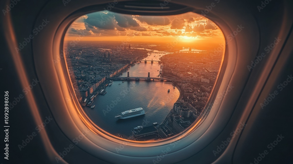 Exquisite aerial view of a sunset with colorful hues, seen through an airplane window, displaying the horizon and a river landscape below. Ideal for travel and adventure themes. Exquisite aerial view of a sunset with colorful hues, seen through an airplane window, displaying the horizon and a river landscape below. Ideal for travel and adventure themes.