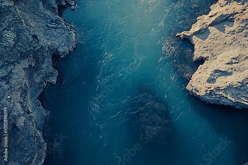 Aerial View of a Blue River Flowing Between Rocks with a Vintage Filter. AI generated illustration