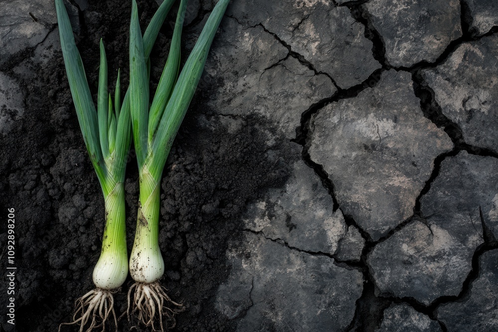 Obraz premium 大地からの収穫、土壌のひび割れとねぎの成長を示す自然の美