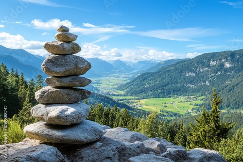 Aerial View from the Top of Jochbrunnen in Switzerland, Green Valley, Forest, and Stacked Rocks on Mountain Side. AI generated illustration