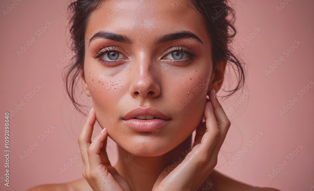 Woman with green eyes and a pink background. She is wearing makeup. She is holding her hands up to her face Woman with green eyes and a pink background. She is wearing makeup. She is holding her hands up to her face