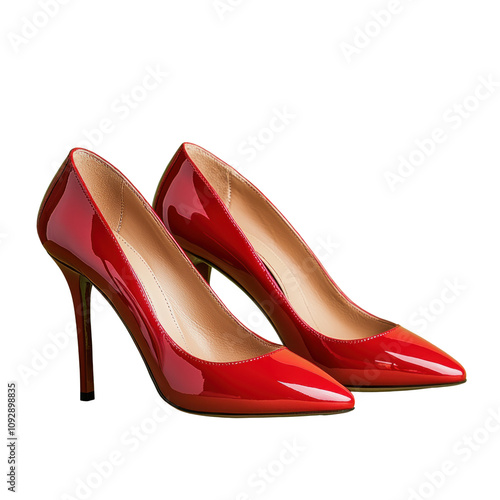 Elegant pair of vibrant red high heeled shoes with glossy finish
