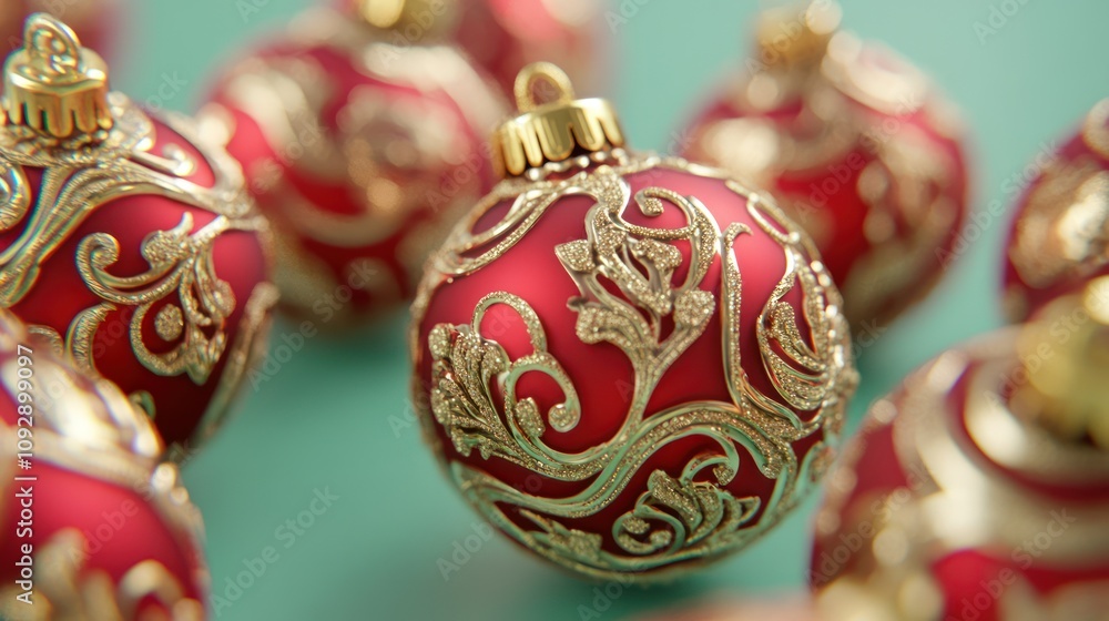 A close-up of shiny red and gold Christmas ornament A close-up of shiny red and gold Christmas ornament