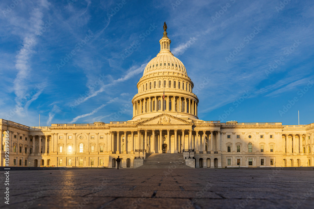 Naklejka premium The exterior of the US Capitol Building which houses the Senate and the House of Representatives in Washington DC.