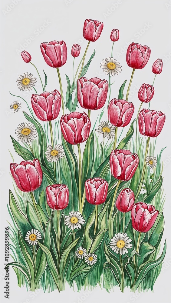 Obraz premium Springtime meadow with tulips and daisies hand drawing