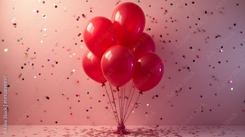 heart shaped balloons. Red balls twisted into one handle on a light background, with serpentine scattered below. Helium balloons for birthday. heart shaped balloons. Red balls twisted into one handle on a light background, with serpentine scattered below. Helium balloons for birthday.