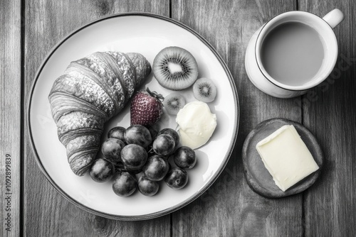 A tasty breakfast consisting of a croissant and fresh fruits. photo