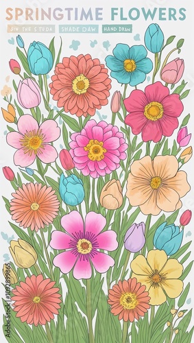 Wallpaper Mural Springtime flowers in pastel shades hand drawing Torontodigital.ca