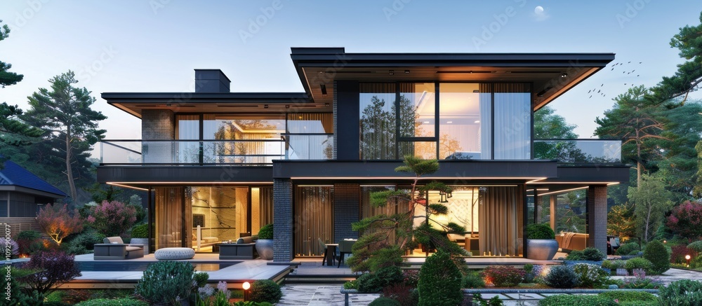 Modern House with Large Windows and Lush Greenery Modern House with Large Windows and Lush Greenery