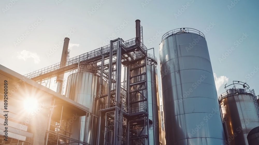 Bioenergy Production Industry Concept, Industrial Biomass Fuel Plant with Large Equipment for Energy Production under Clear Skies during Sunset Bioenergy Production Industry Concept, Industrial Biomass Fuel Plant with Large Equipment for Energy Production under Clear Skies during Sunset