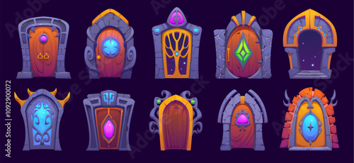 Fantasy magic gate door portals, game asset. Vector cartoon magic gates, portals and stone arches with futuristic door frames and magical light vortex. Alien universe, space or parallel world entrance