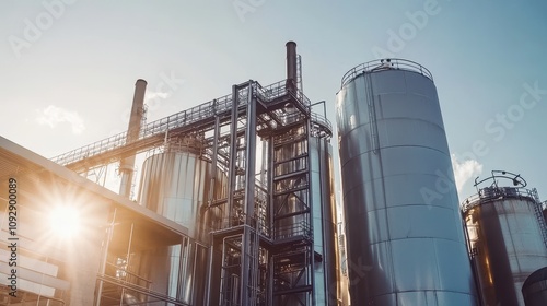 Bioenergy Production Industry Concept, Industrial Biomass Fuel Plant with Large Equipment for Energy Production under Clear Skies during Sunset photo