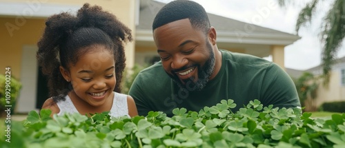 Celebrating Saint Patrick's Day, a father and his daughter smile joyfully as they explore a patch of clovers together in their vibrant garden photo