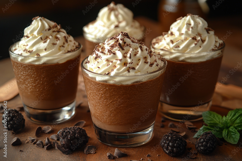 A delicious dessert in glasses, which is a chocolate mousse, decorated with delicate whipped cream and grated chocolate. A delicious dessert in glasses, which is a chocolate mousse, decorated with delicate whipped cream and grated chocolate.
