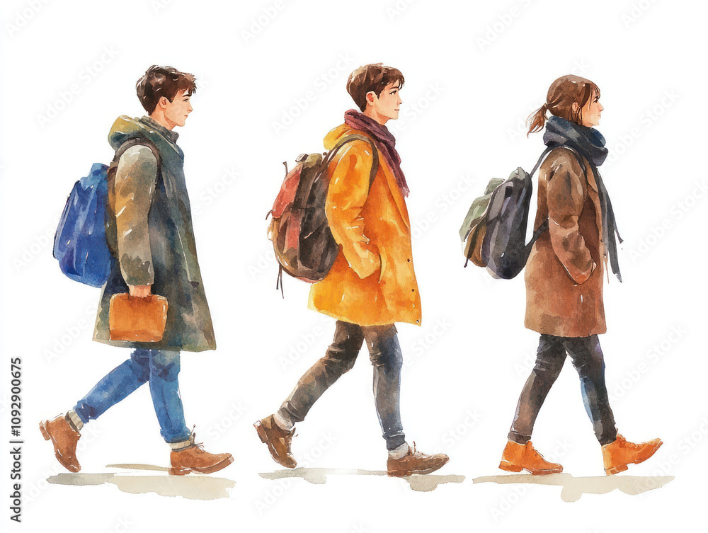 Fototapeta premium A watercolor illustration of three people walking in a row, done in a minimalist illustration style. 