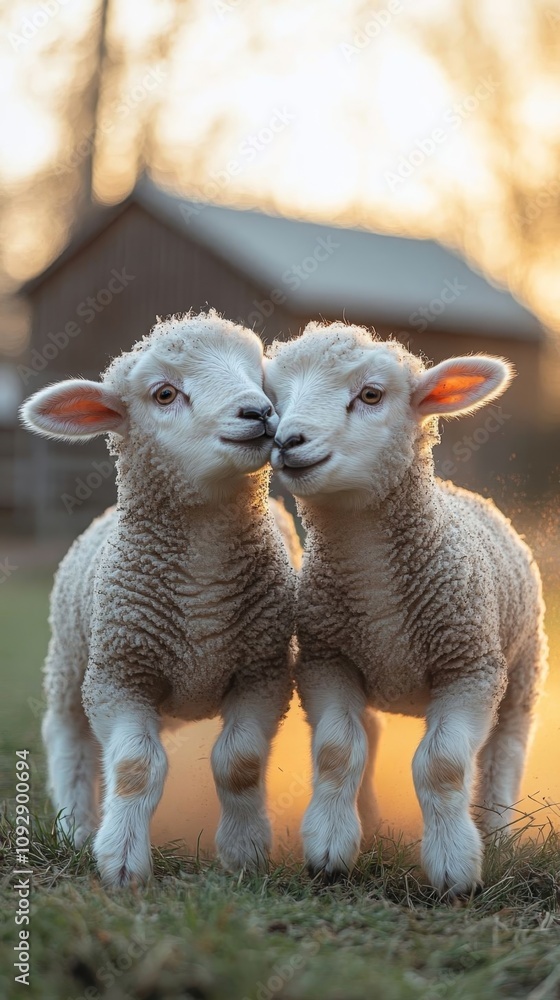 Obraz premium A pair of young lambs play together on a grassy field, enjoying the warm glow of sunset at a farm.