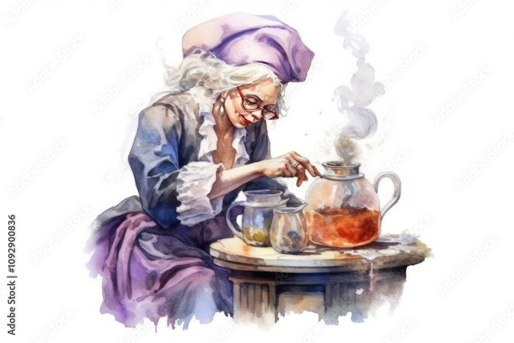 an elderly woman in a retro style, enthusiastically brewing tea in a glass teapot. an elderly woman in a retro style, enthusiastically brewing tea in a glass teapot.