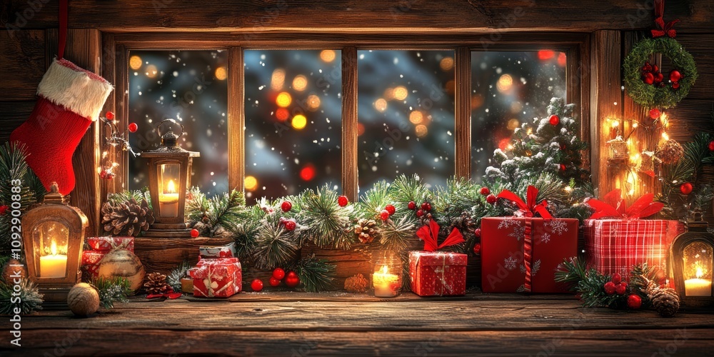 A cozy Christmas setting featuring flickering candles and beautifully wrapped presents arranged in front of a window showcasing a festive holiday scene. A cozy Christmas setting featuring flickering candles and beautifully wrapped presents arranged in front of a window showcasing a festive holiday scene.