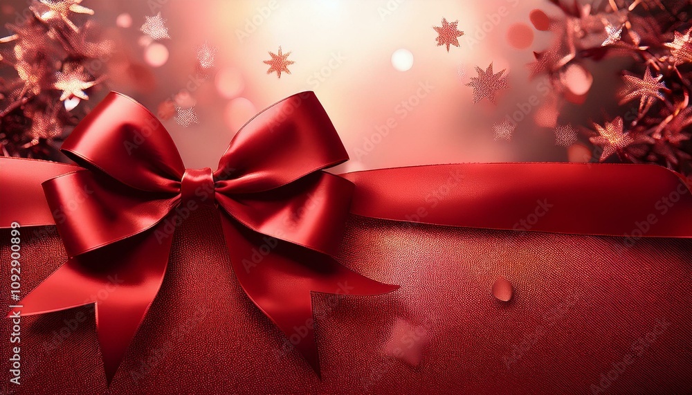 Red ribbon bow flying christmas background,copy text space Red ribbon bow flying christmas background,copy text space