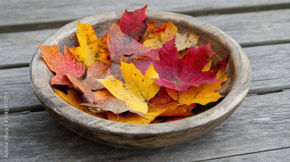 Colorful Autumn Leaves in Rustic Wooden Bowl on Natural Wooden Surface Showcasing Vibrant Fall Colors for Nature and Seasonal Decor Colorful Autumn Leaves in Rustic Wooden Bowl on Natural Wooden Surface Showcasing Vibrant Fall Colors for Nature and Seasonal Decor