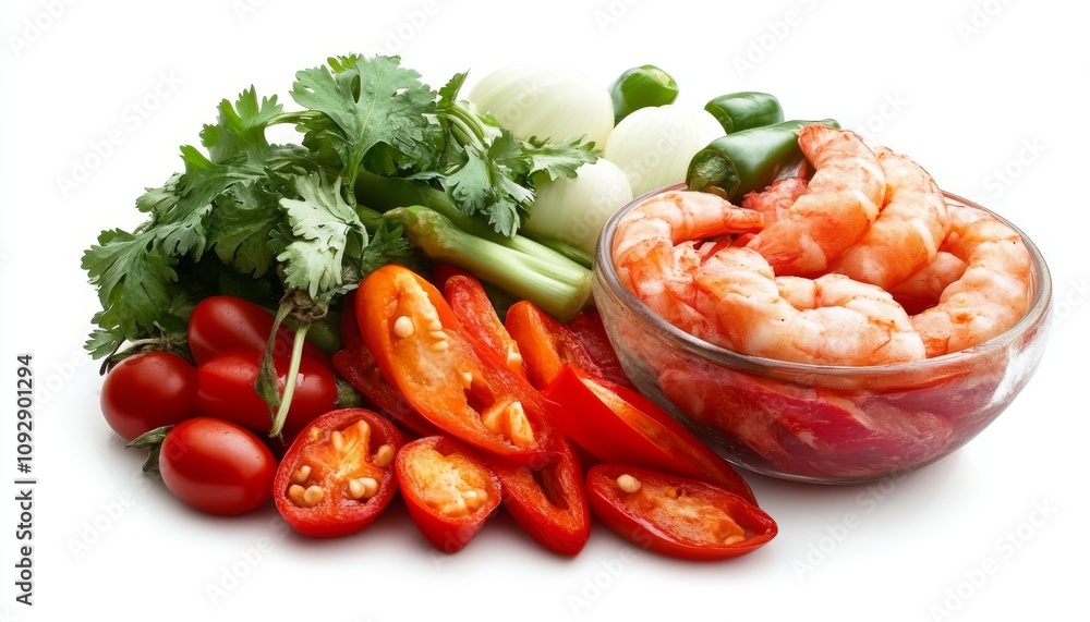Food Preparation Fresh Shrimp with Assorted Vegetables and Cilantro in Rustic Setup Food Preparation Fresh Shrimp with Assorted Vegetables and Cilantro in Rustic Setup
