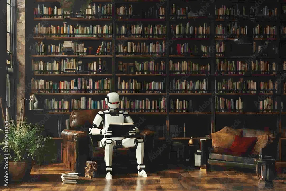 AI Robot Reading in a Library, Symbolizing Learning and Artificial Intelligence. AI generated illustration AI Robot Reading in a Library, Symbolizing Learning and Artificial Intelligence. AI generated illustration