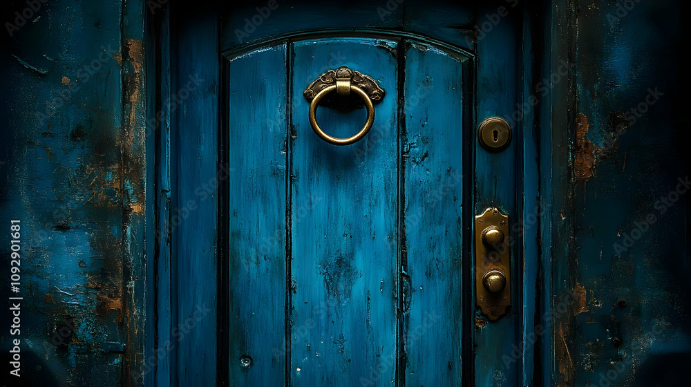 Fototapeta premium Antique Blue Door: Vintage Hardware, Weathered Wood, Rustic Charm