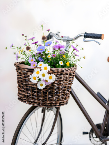 An old-fashioned bicycle with a woven basket full of wildflowers, set against a soft pastel-colored backdrop. Generative AI photo