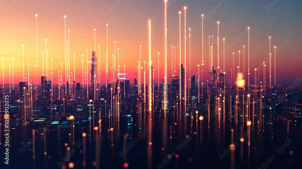 City skyline at sunset with glowing vertical lights illuminating the urban landscape City skyline at sunset with glowing vertical lights illuminating the urban landscape