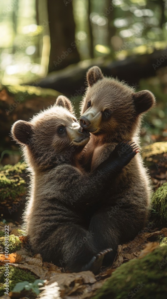 Fototapeta premium Two bear cubs are play-fighting in a serene forest glade, showcasing their playful bond amidst mossy surroundings.
