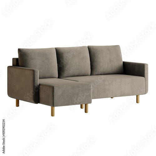 A tan couch with three cushions and a wooden frame photo