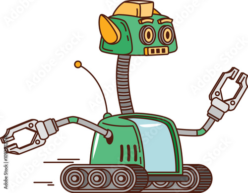 Fototapeta Cartoon retro groovy robot character on wheels or robotic bot, vector cyber android