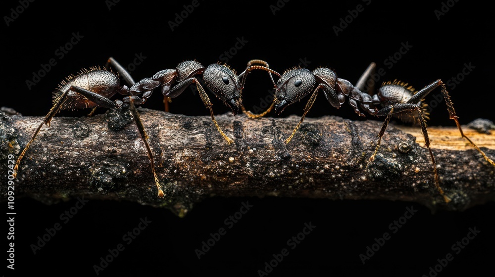 Fototapeta premium Two ants interacting on a branch against a black background.
