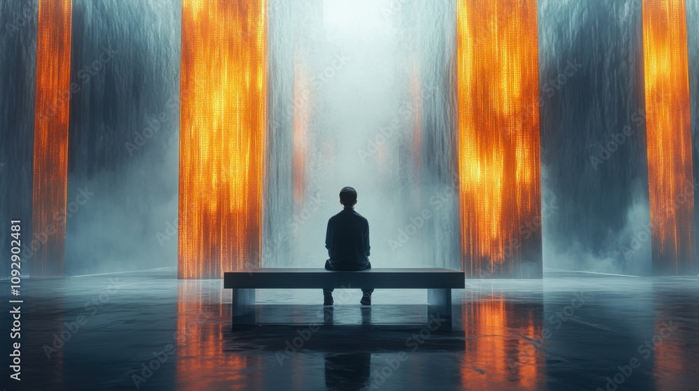 Solitude and Reflection: A Meditative Scene with a Silhouetted Figure Sitting Beside Cascading Waterfalls in a Surreal Environment of Light and Motion Solitude and Reflection: A Meditative Scene with a Silhouetted Figure Sitting Beside Cascading Waterfalls in a Surreal Environment of Light and Motion