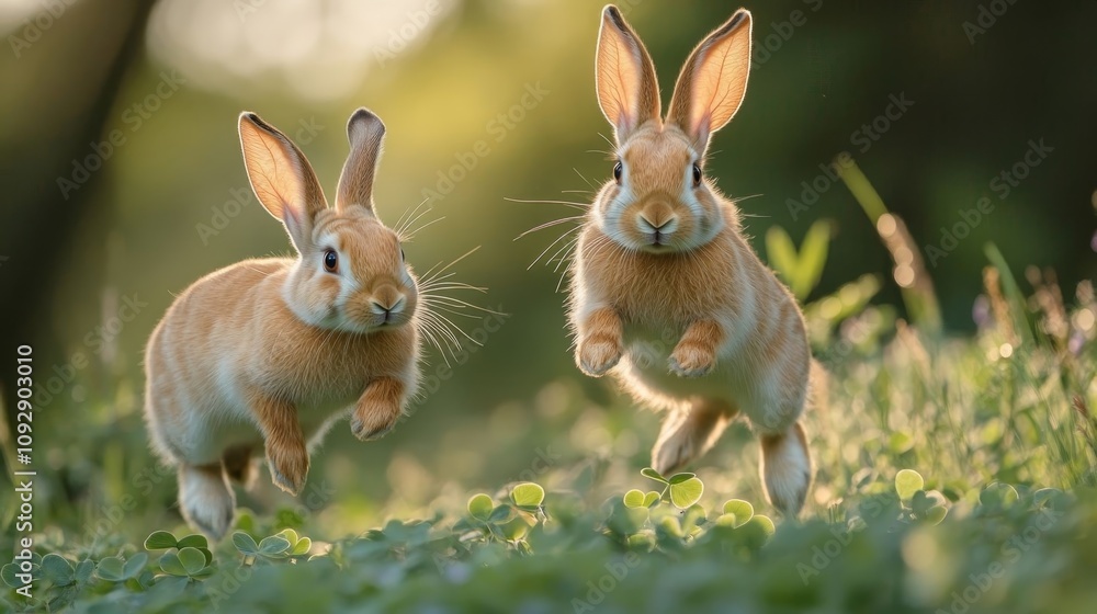 Obraz premium Two cute rabbits leap playfully in a sunny meadow filled with bright clover.